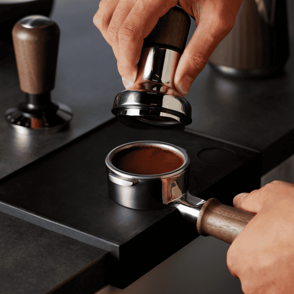 Barista gebruikt een tamper om espresso aan te drukken in een portafilter, klaar voor extractie.