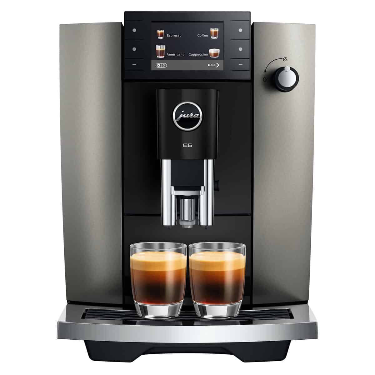 E6 Dark Inox zet twee kopjes espresso tegelijk