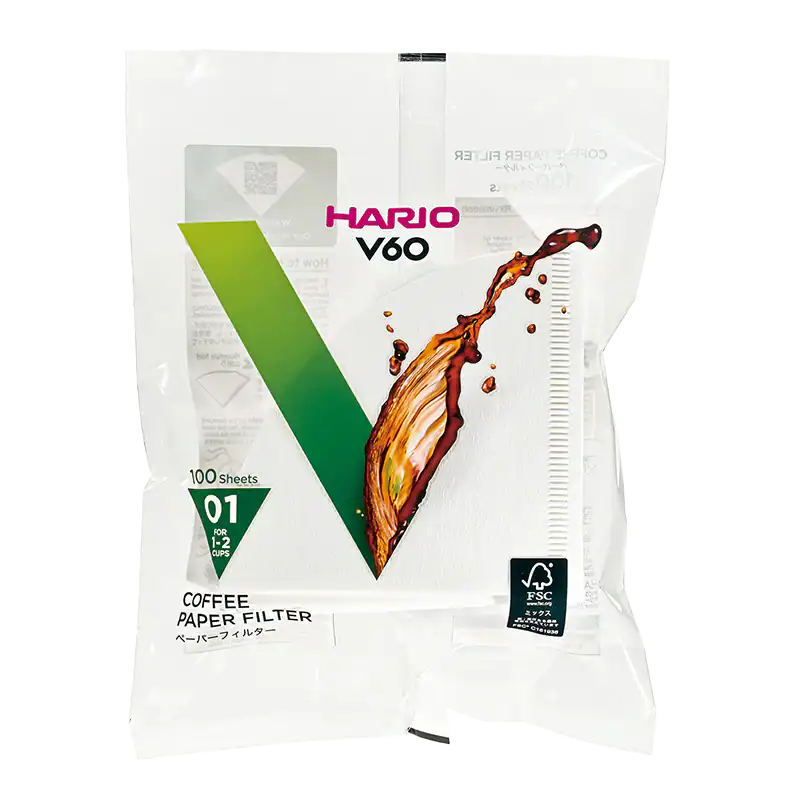 Hario V60 filterpapier size 01 voor koffiezetten, geschikt voor 1-2 kopjes, 100 vellen, duurzaam en biologisch afbreekbaar.